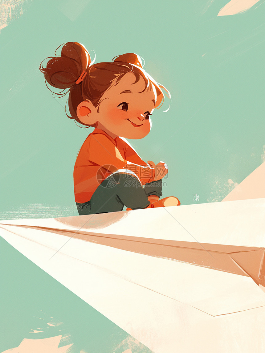坐在纸飞机上飞翔的可爱卡通小女孩图片