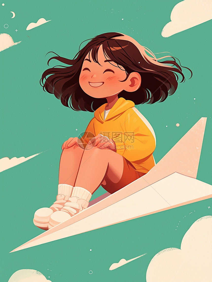 坐在纸飞机上飞翔的可爱小女孩图片