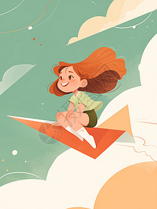 坐飞机上坐在纸飞机上飞翔的卡通小女孩插画