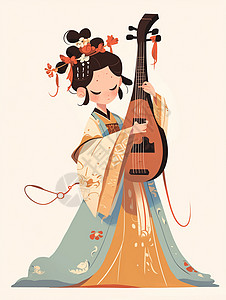 弹古筝的美女古风装扮弹乐器的女孩插画