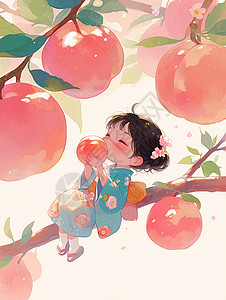 树上的桃子坐在树上开心吃桃子的小女孩插画