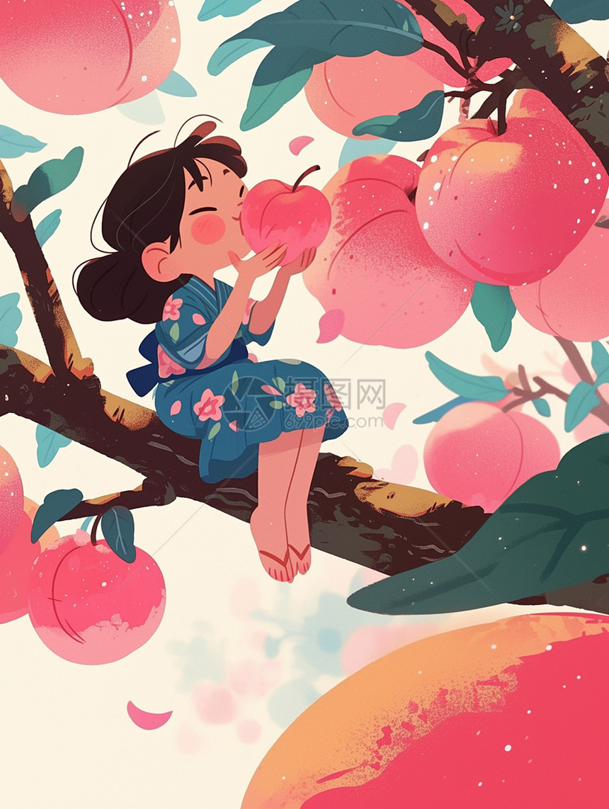 树上开心吃桃子的可爱卡通小女孩图片