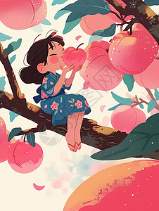 树上的桃子树上开心吃桃子的可爱卡通小女孩插画