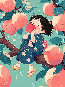 桃子树坐在树上开心吃桃子的卡通小女孩插画