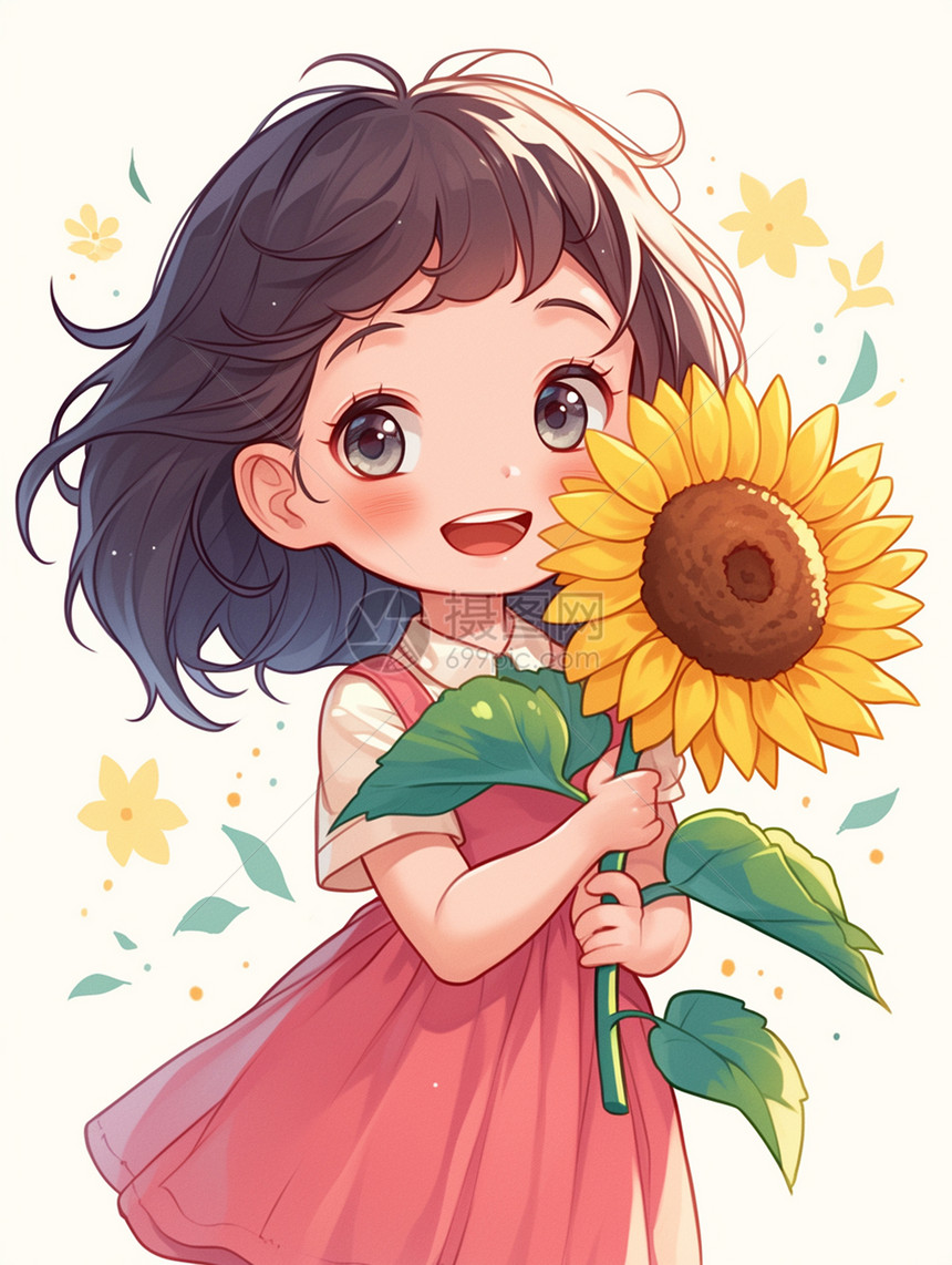 手拿着一大朵太阳花的卡通女孩图片