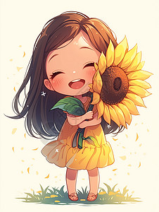 一朵向日葵手拿着一朵太阳花的卡通女孩插画