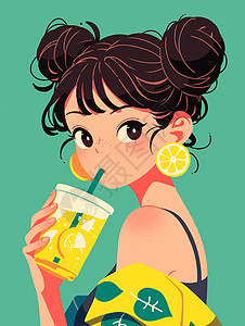 橙汁俯视清凉夏日正在喝橙汁的女孩插画