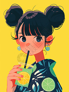 夏日装扮清凉夏日正在喝橙汁的卡通女孩插画