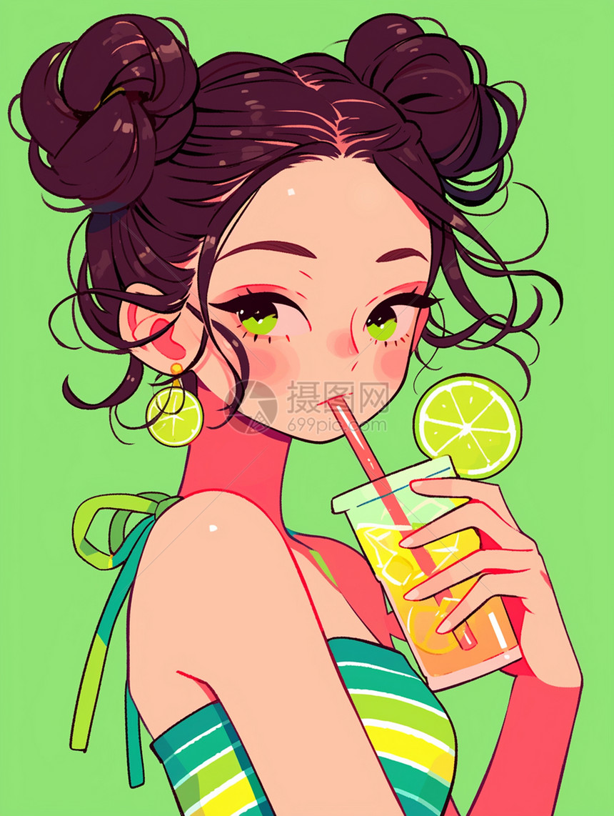 夏日正在喝橙汁的卡通女孩图片