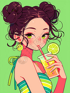 夏日装扮夏日正在喝橙汁的卡通女孩插画