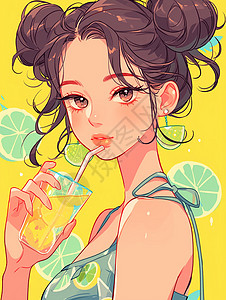 夏日装扮清凉夏日正在喝橙汁的女孩插画