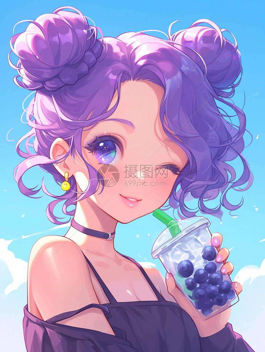紫色头发梳着丸子头开心喝饮料的卡通女孩图片