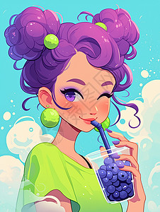 抹头发紫色头发梳着丸子头开心喝饮料的卡通女孩插画