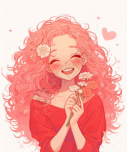 粉红色小花粉色长卷发手拿小花的女孩插画