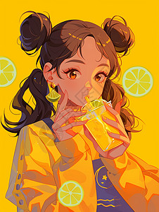 桑果汁大眼睛时尚漂亮的卡通女孩清凉夏日在喝橙汁插画