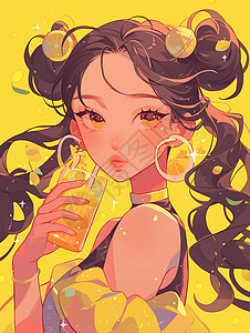 夏日装扮大眼睛时尚漂亮的卡通女孩清凉夏日在喝橙汁插画