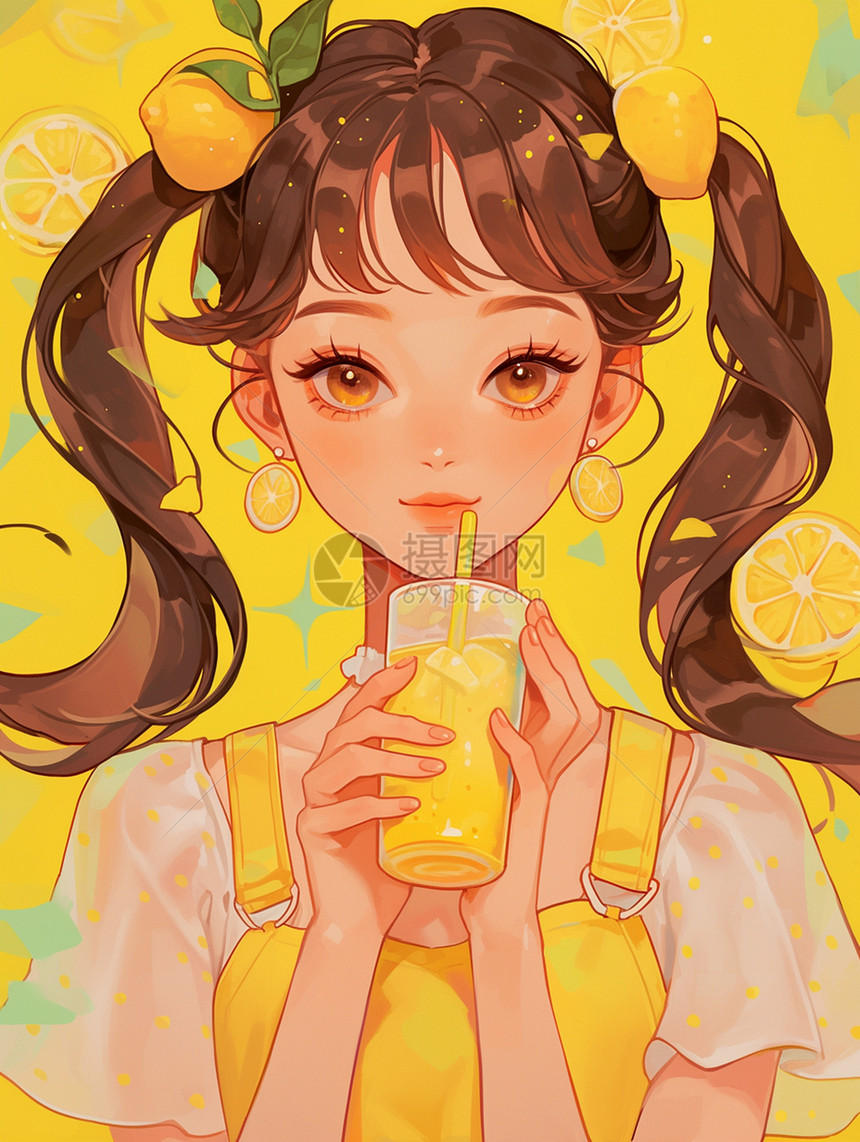 时尚漂亮的卡通女孩清凉夏日在喝橙汁图片