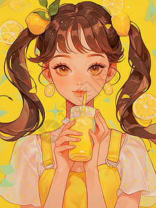 夏日装扮时尚漂亮的卡通女孩清凉夏日在喝橙汁插画