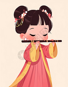 古风乐器素材正在吹笛子的古风可爱的小女孩插画
