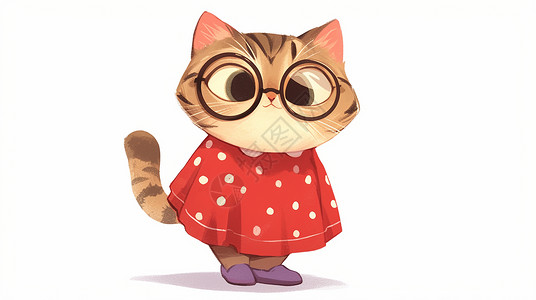 红色背景框一只可爱的卡通小花猫穿着红色连衣裙戴着黑框眼镜插画