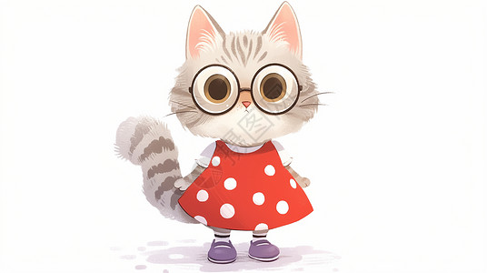 红色条框一只可爱的卡通小花猫穿着红色连衣裙戴着黑框眼镜插画