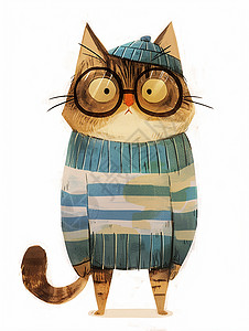 呆萌可爱的卡通灰色小花猫身穿蓝条毛衣高清图片