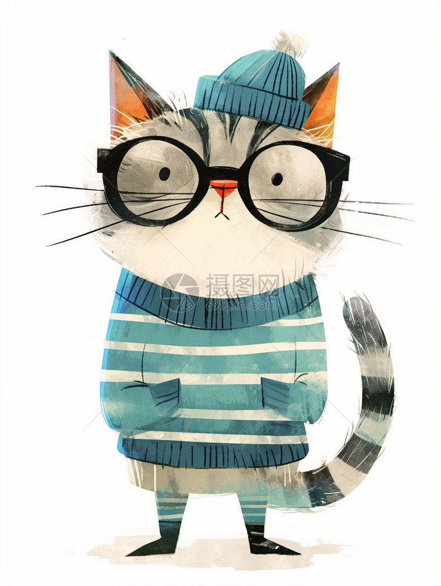 可爱的卡通灰色小花猫身穿蓝条毛衣图片