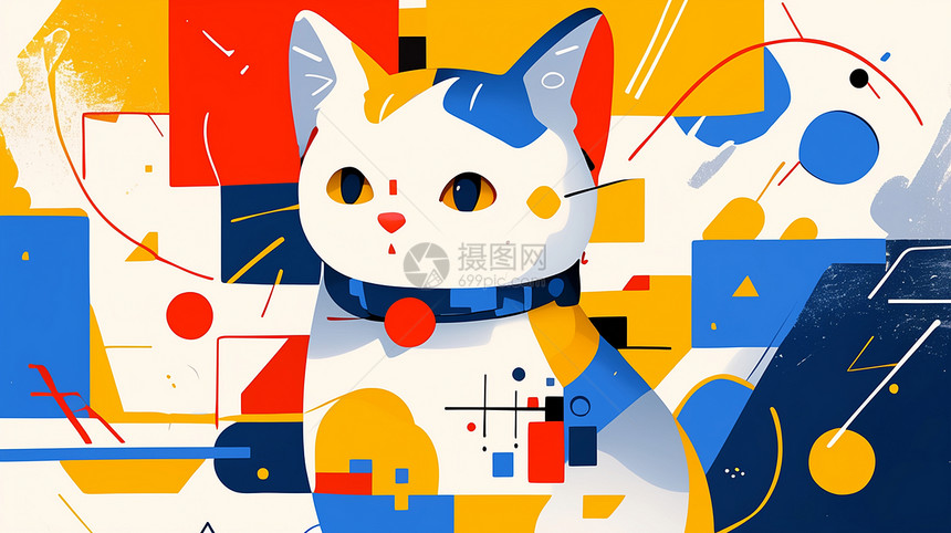 彩色块抽象可爱的小猫图片