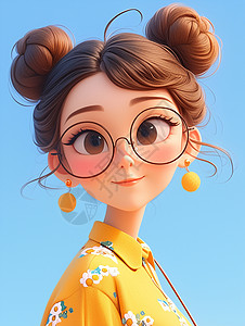 身穿黄色碎花上衣戴着眼镜微笑的卡通女孩背景图片