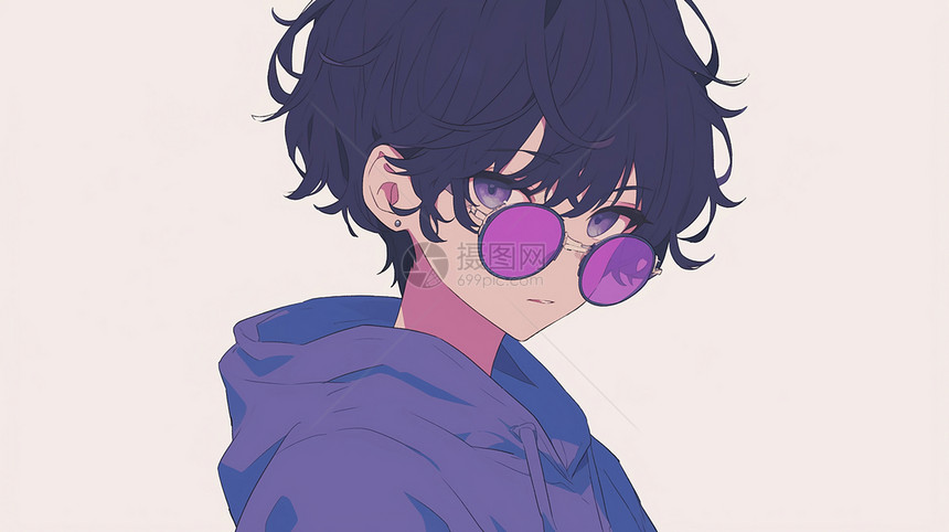 身穿卫衣戴着紫色渐变墨镜的男青年图片