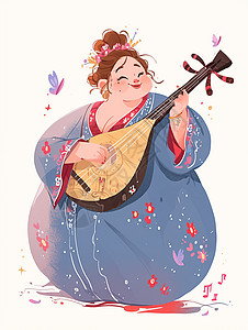 弹古筝的美女正在弹琵琶的古风肥胖的美女插画