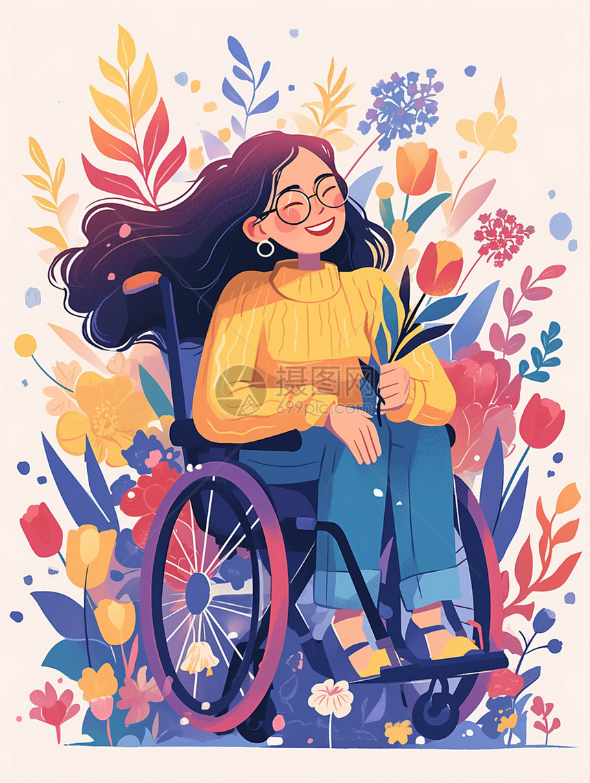 坐在轮椅上在花丛中开心笑的卡通女孩图片