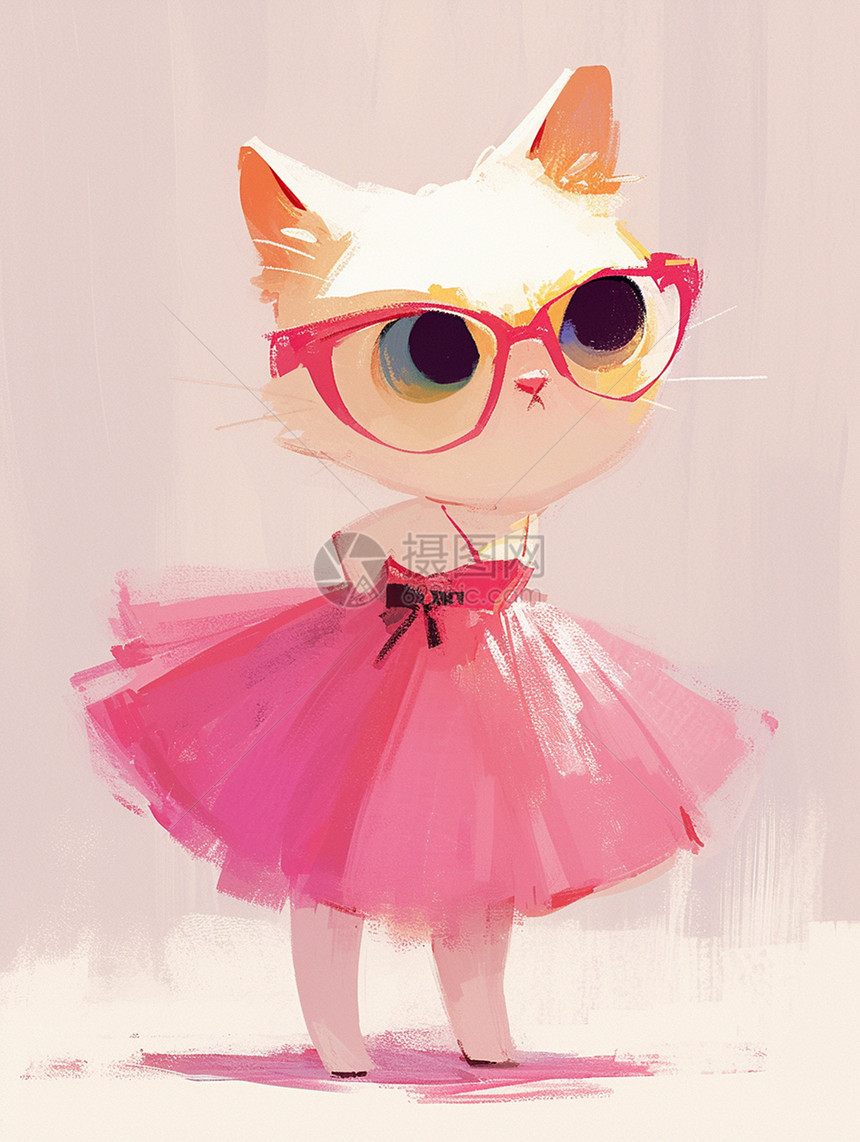 身穿粉色连衣裙的戴着黑框眼镜的小猫图片