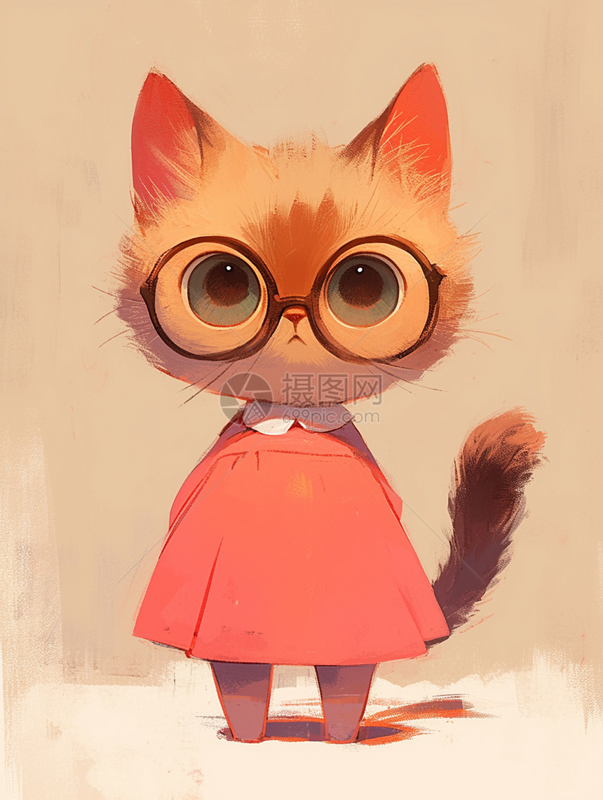身穿粉色连衣裙的戴着眼镜的卡通小猫图片