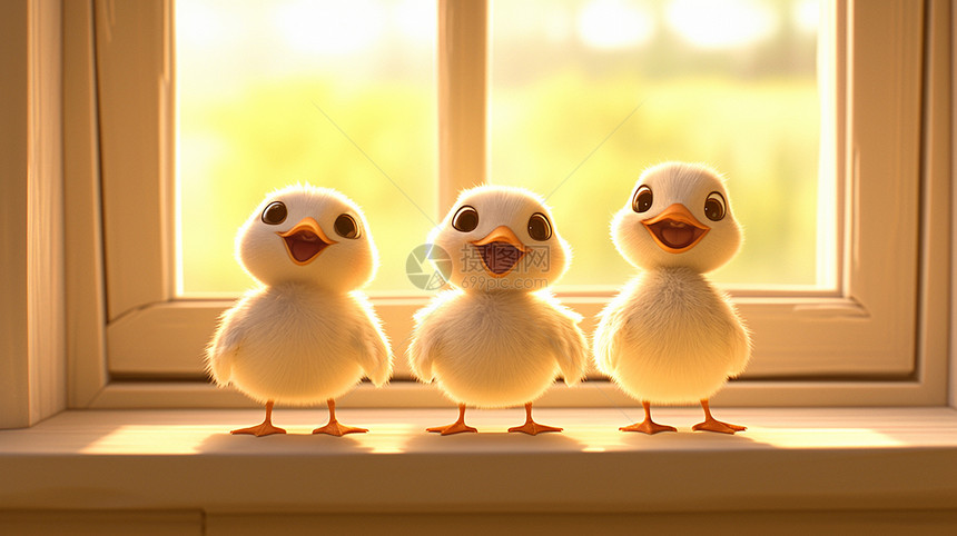 三只在窗边毛茸茸可爱的卡通小鸭子图片