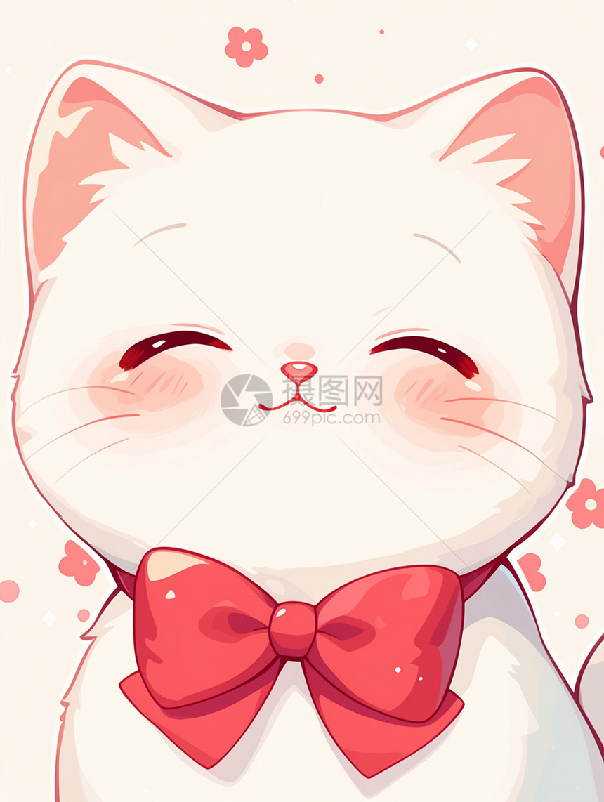 系着红色蝴蝶结乖巧可爱的卡通小白猫图片