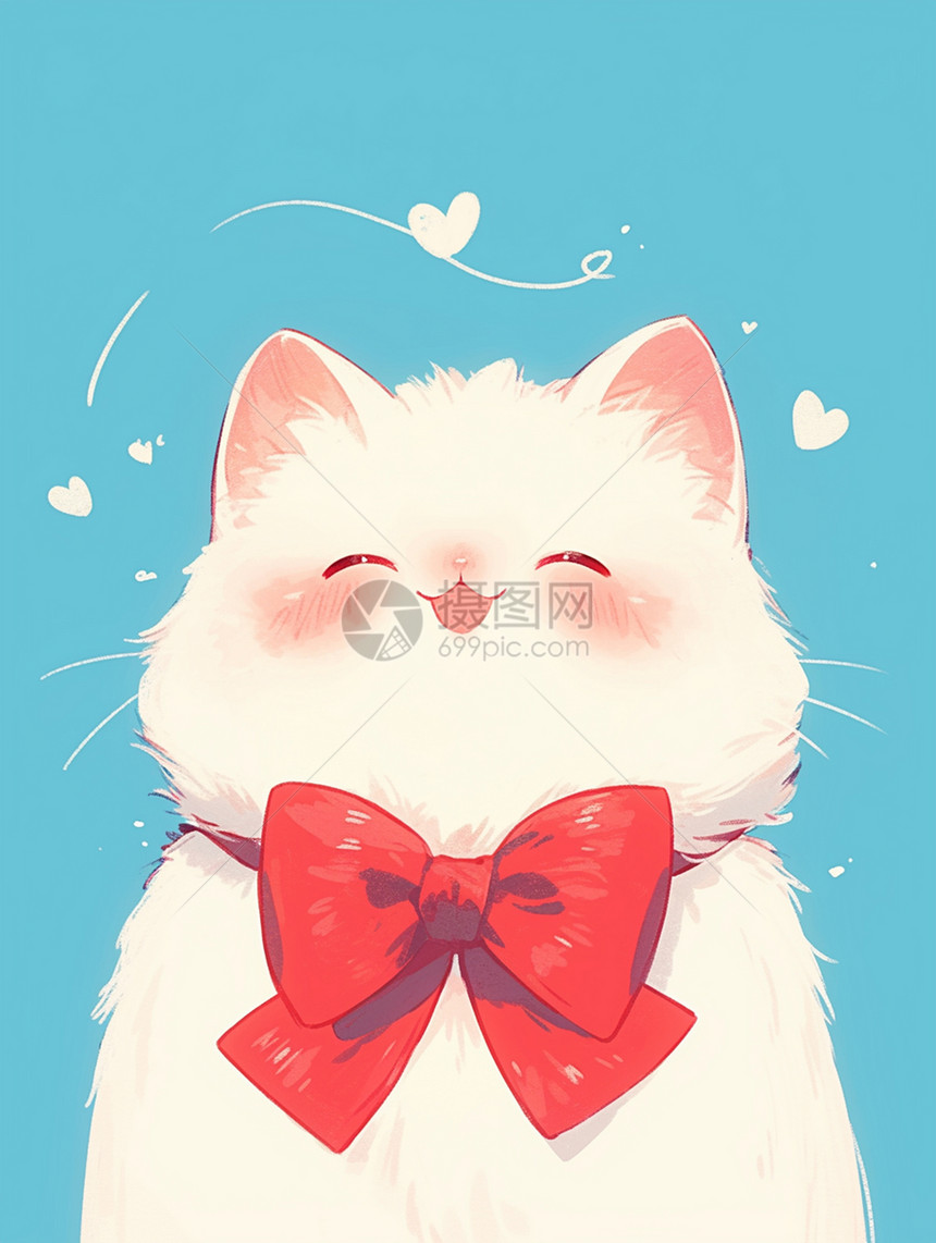 系着红色蝴蝶结可爱的卡通小白猫图片