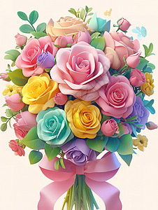 彩色玫瑰花束3D图标插画