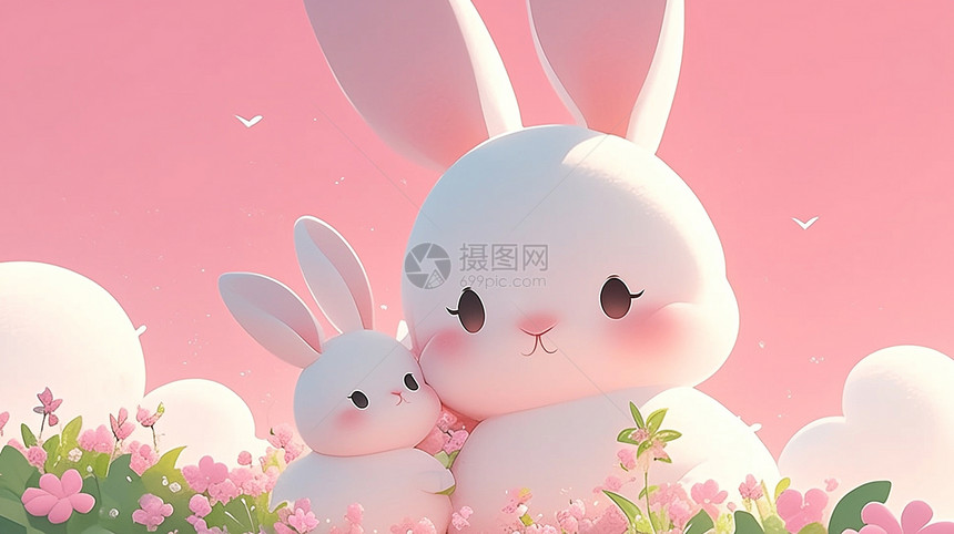 两只可爱的卡通小白兔在花丛中玩耍图片