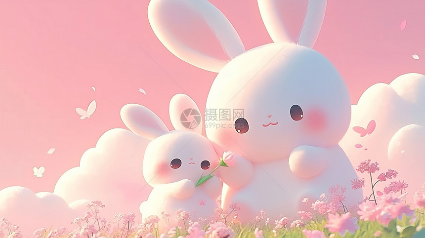 两只可爱的卡通小兔在花丛中玩耍图片