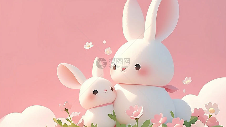 两只可爱的卡通小白兔在花丛中图片