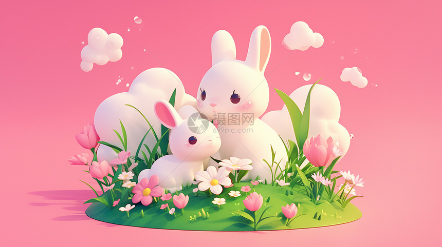 两只卡通小白兔在花丛中玩耍图片