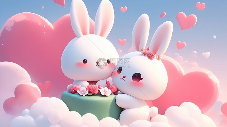 两只可爱的卡通小白兔在云朵上唯美场景图片