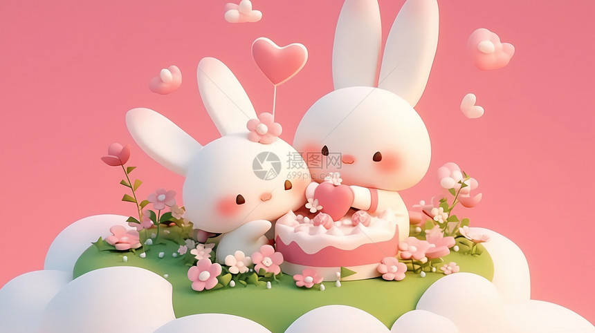 两只可爱的卡通小白兔在云朵上梦幻场景图片