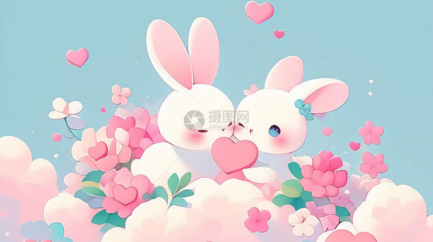 两只可爱的卡通小兔在云朵上梦幻场景图片