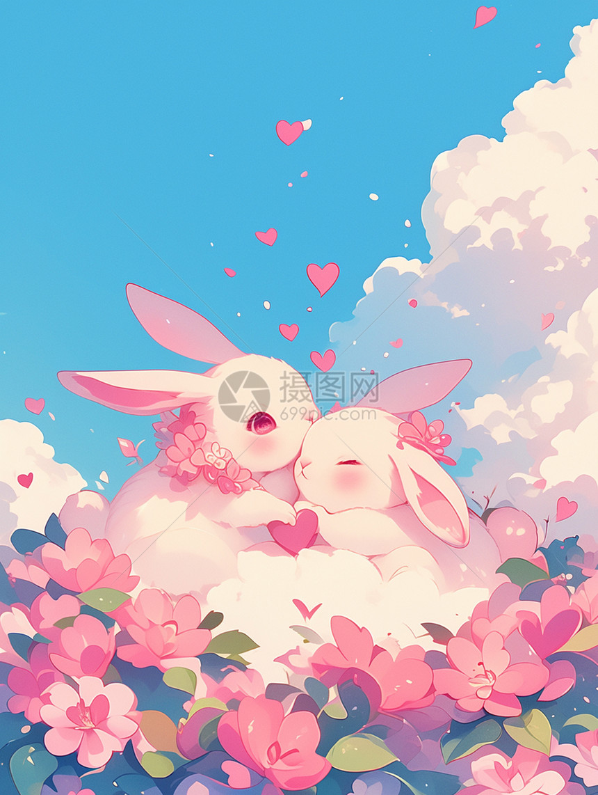 花丛中两只开心拥抱的可爱卡通小兔图片