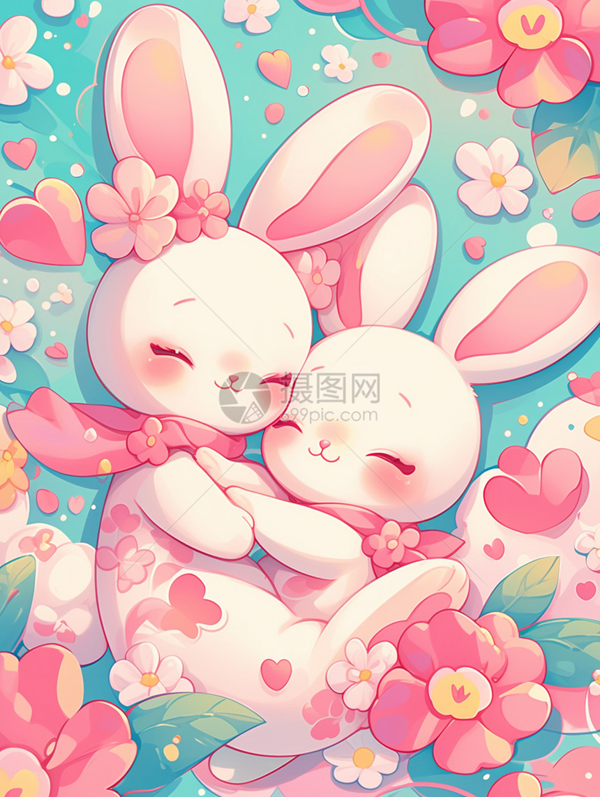 花丛中两只开心拥抱的可爱卡通小白兔图片