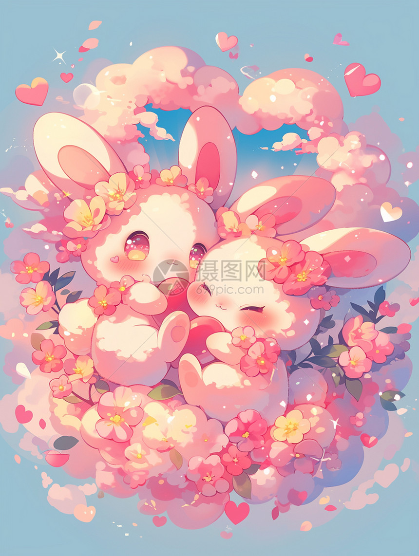 花丛中两只拥抱的可爱卡通小白兔图片