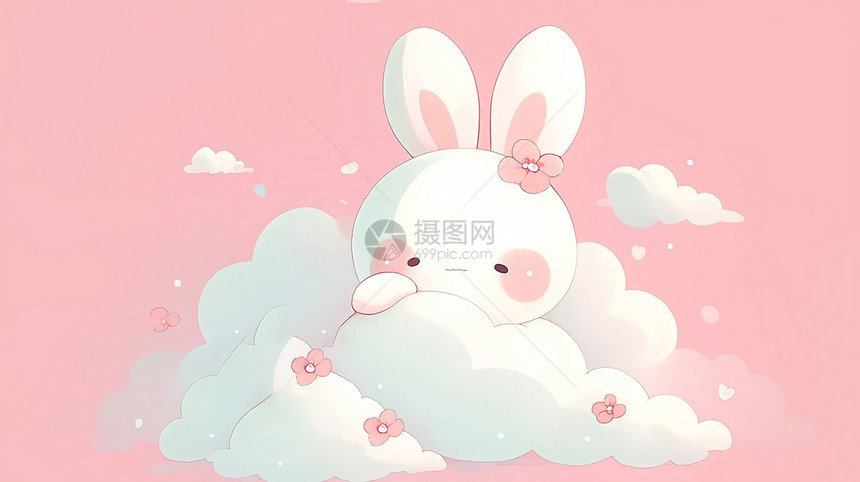 云朵上的可爱卡通小白兔插画图片