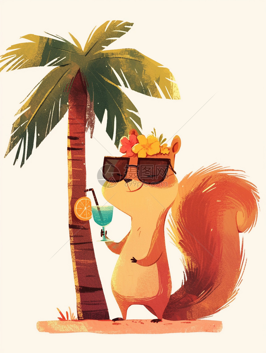 椰子树下戴着墨镜喝着饮料的卡通小松鼠图片